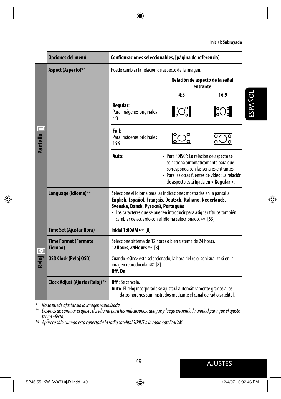 Ajustes, Español, Pantalla | Reloj | JVC KW-ADV790 User Manual | Page 117 / 207