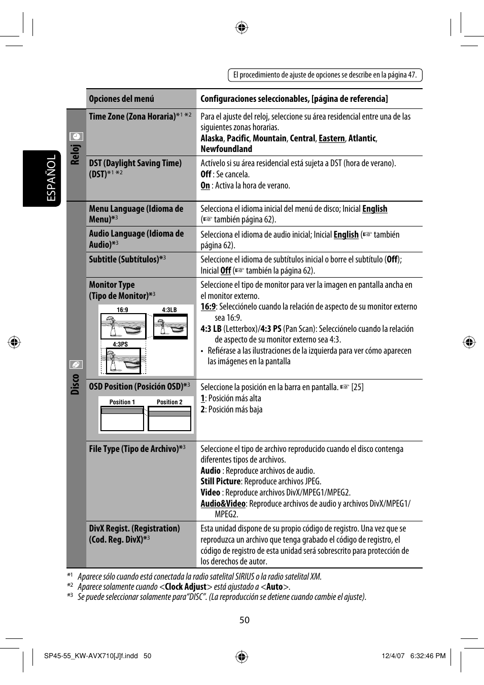 Español, Reloj, Disco | JVC KW-ADV790 User Manual | Page 118 / 207
