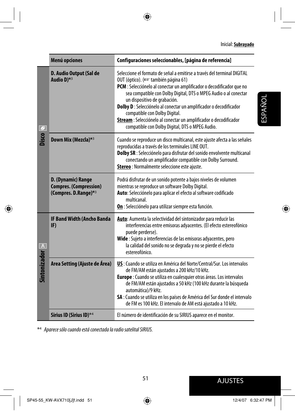 Ajustes, Español, Disco | Sintonizador | JVC KW-ADV790 User Manual | Page 119 / 207