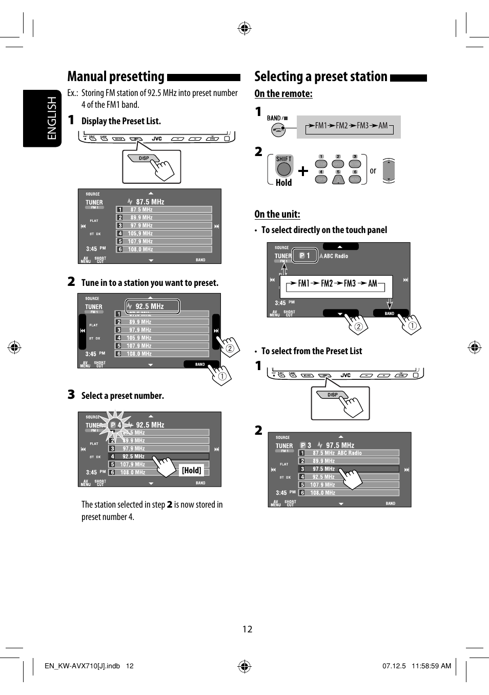 Selecting a preset station, Manual presetting | JVC KW-ADV790 User Manual | Page 12 / 207