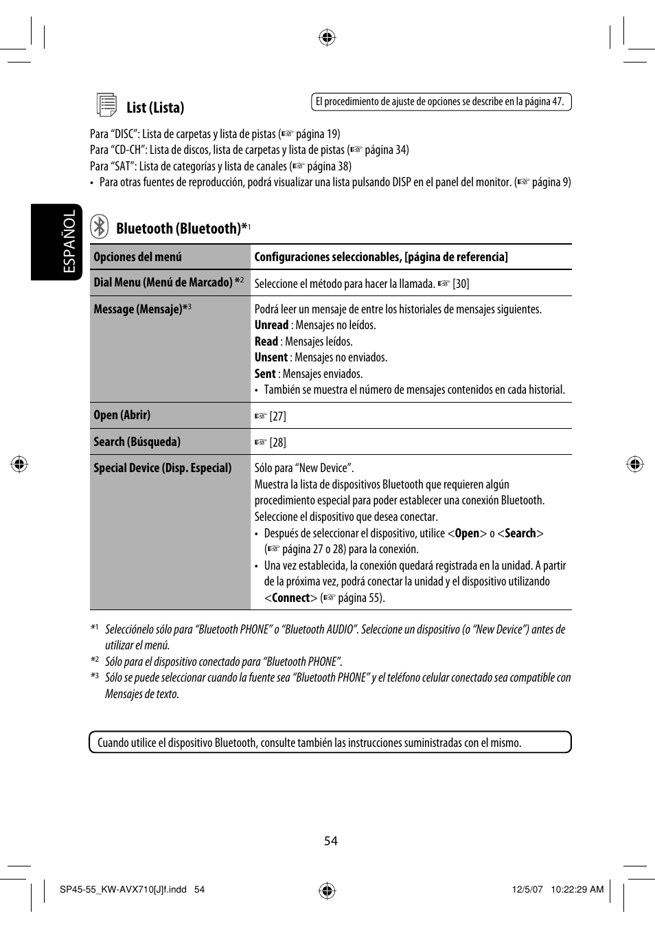 Español bluetooth (bluetooth), List (lista) | JVC KW-ADV790 User Manual | Page 122 / 207