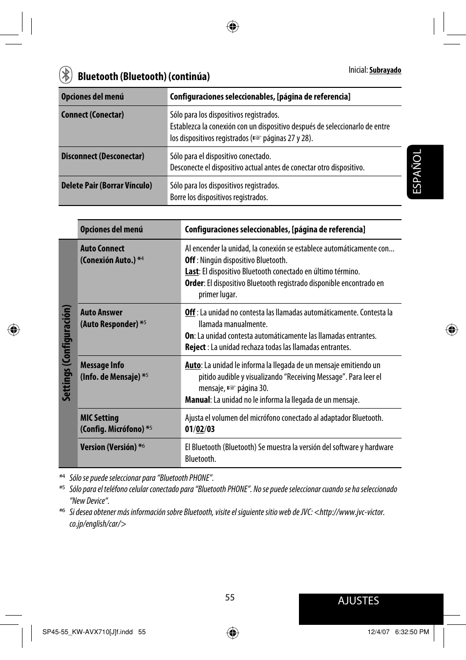 Ajustes, Español, Settings (configuración) | Ajustes bluetooth (bluetooth) (continúa) | JVC KW-ADV790 User Manual | Page 123 / 207