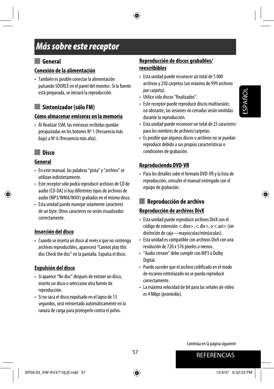 Más sobre este receptor, Referencias español, General | Sintonizador (sólo fm), Disco, Reproducción de archivo | JVC KW-ADV790 User Manual | Page 125 / 207