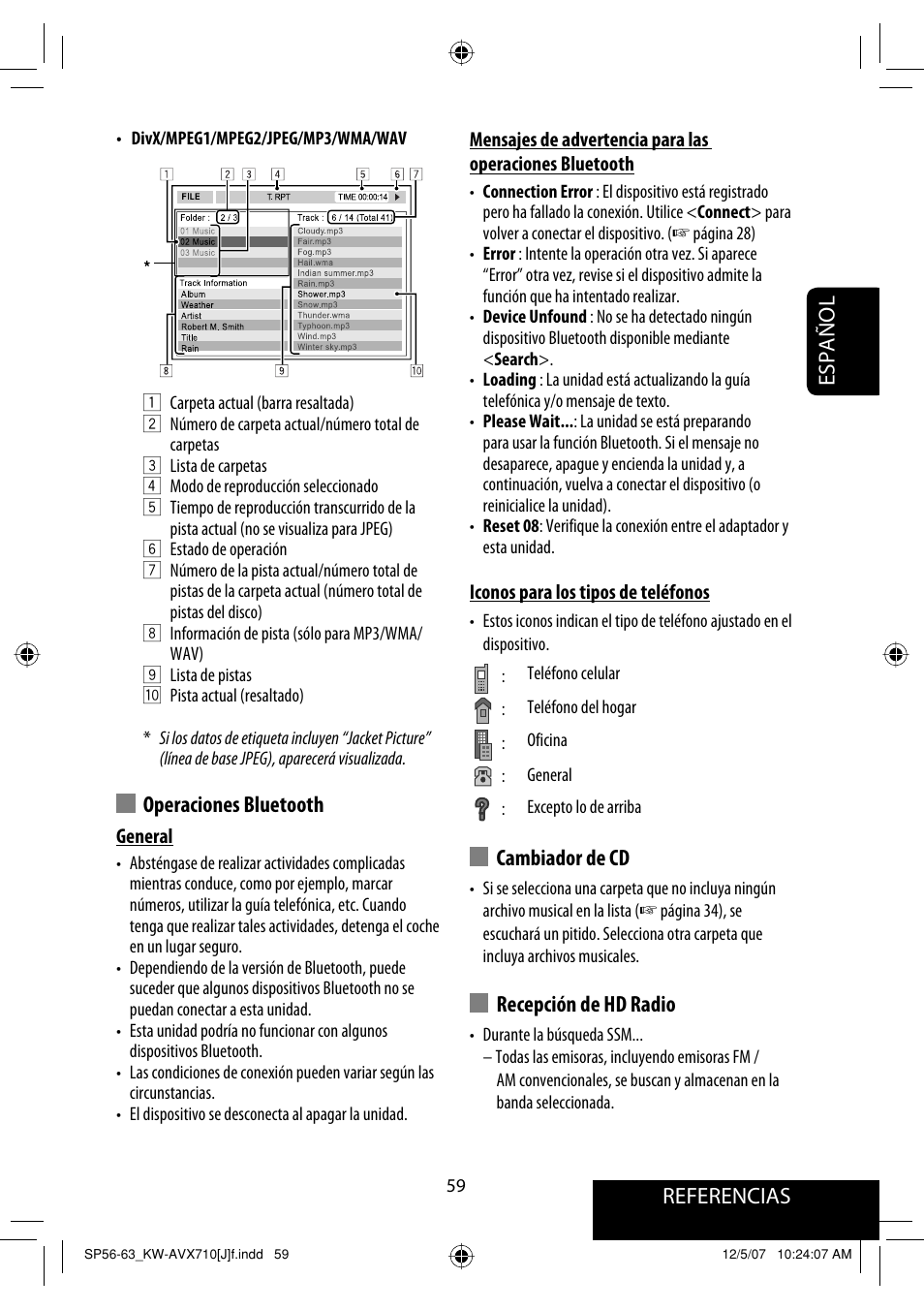 Referencias español, Cambiador de cd, Recepción de hd radio | Operaciones bluetooth | JVC KW-ADV790 User Manual | Page 127 / 207