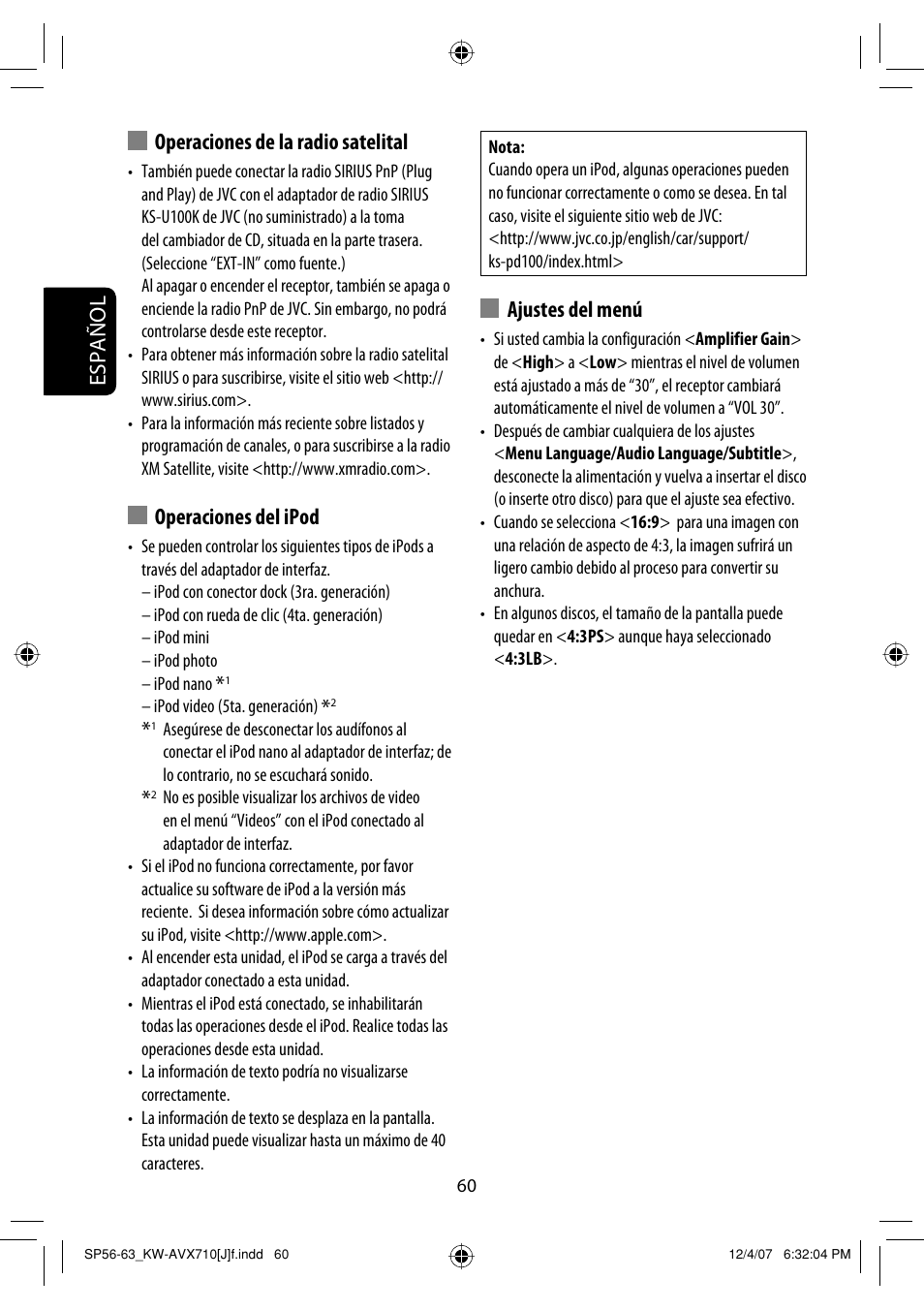 Español, Operaciones de la radio satelital, Operaciones del ipod | Ajustes del menú | JVC KW-ADV790 User Manual | Page 128 / 207