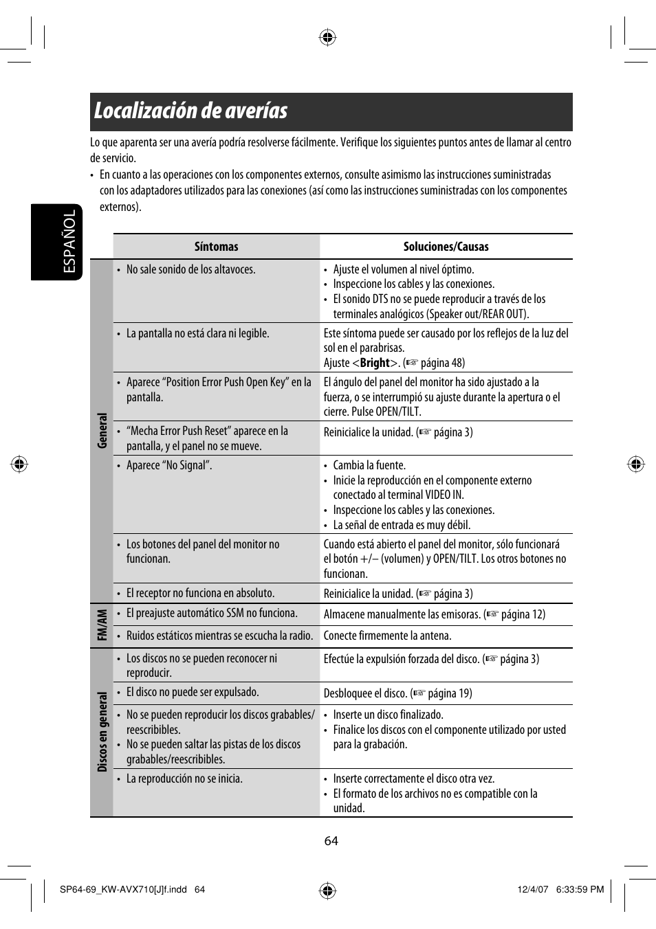 Localización de averías, Español | JVC KW-ADV790 User Manual | Page 132 / 207