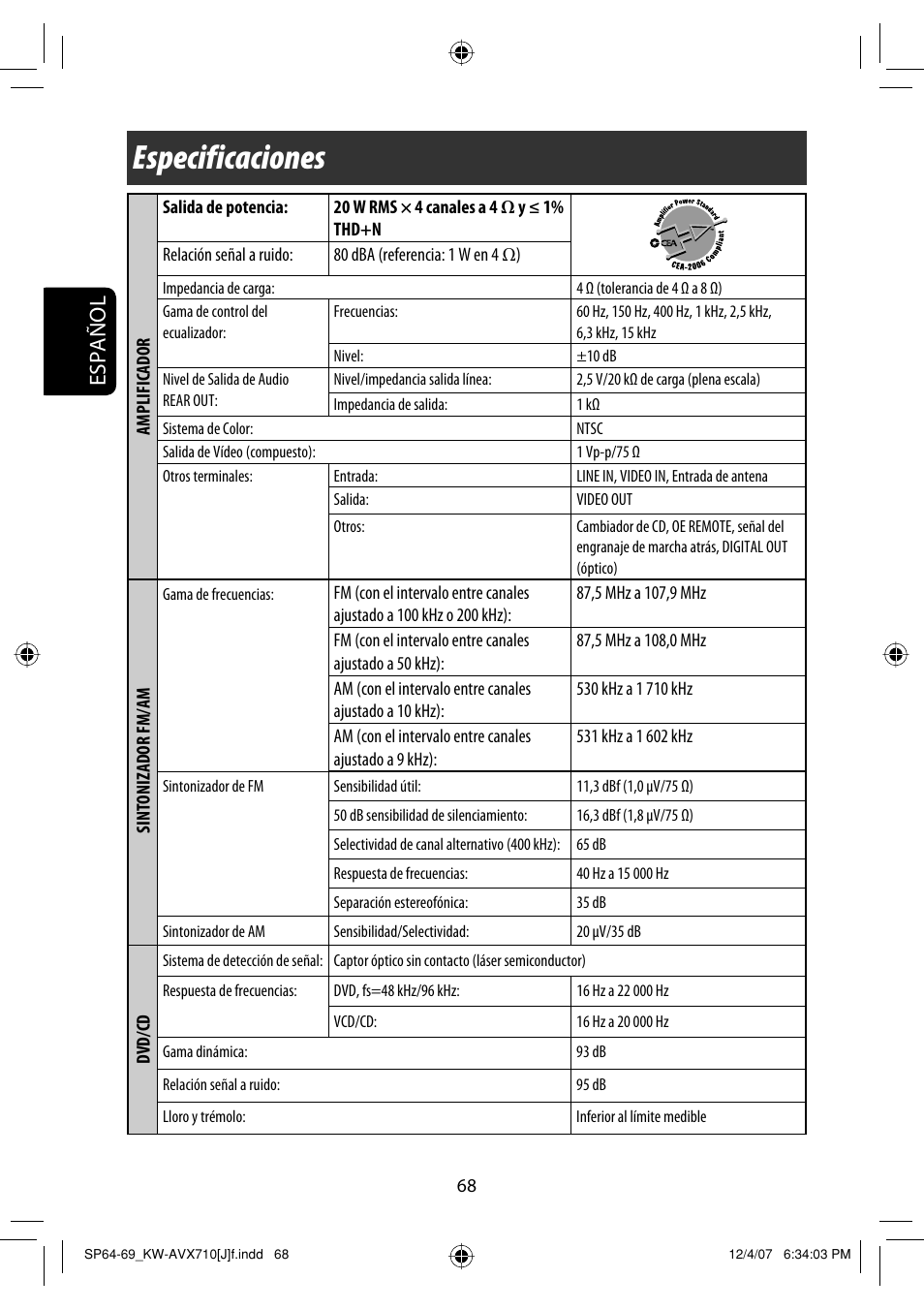 Especificaciones, Español | JVC KW-ADV790 User Manual | Page 136 / 207