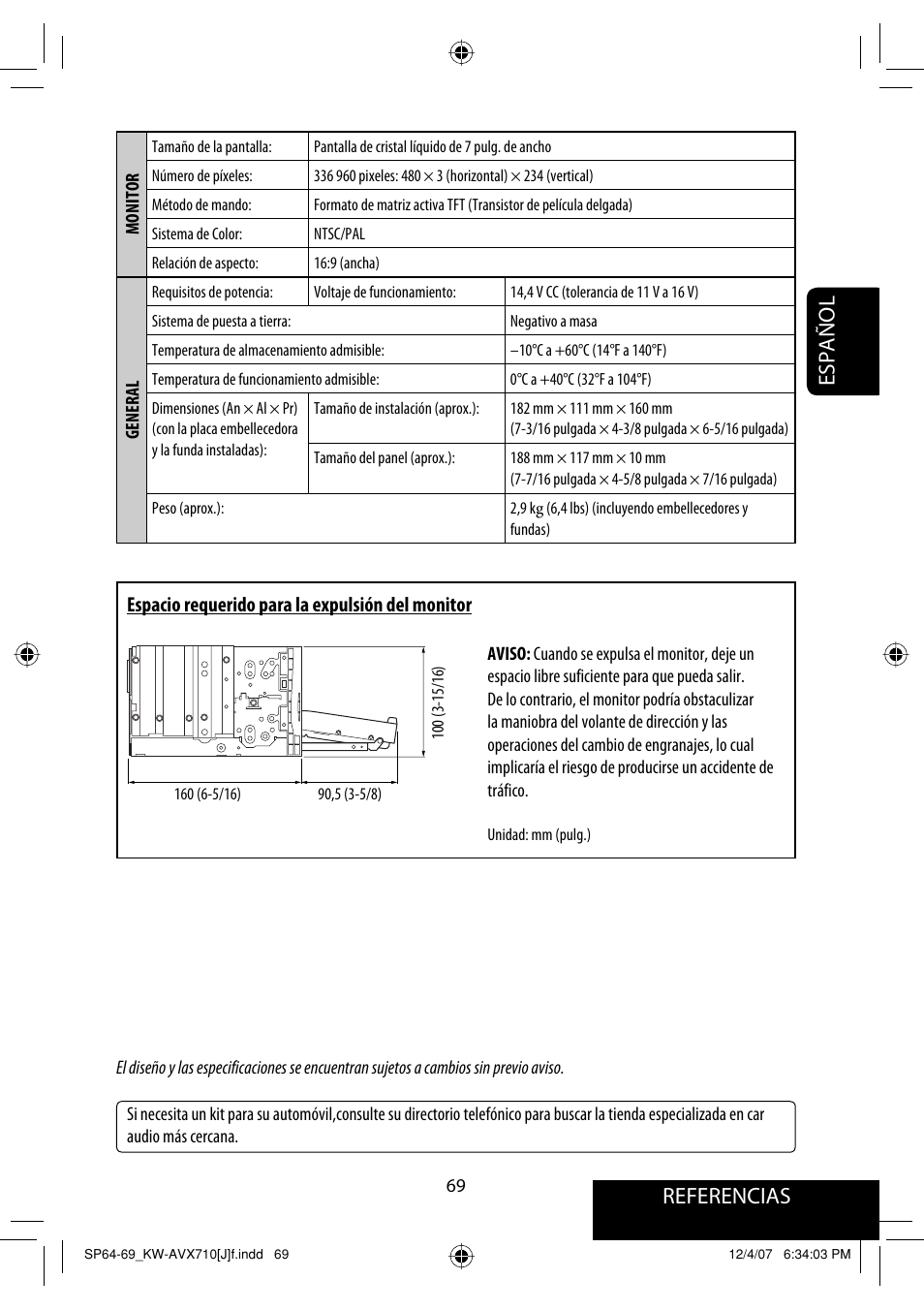 Referencias español, Espacio requerido para la expulsión del monitor | JVC KW-ADV790 User Manual | Page 137 / 207