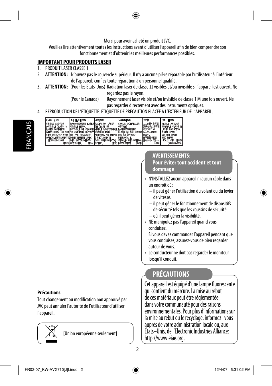 Précautions, Français | JVC KW-ADV790 User Manual | Page 138 / 207