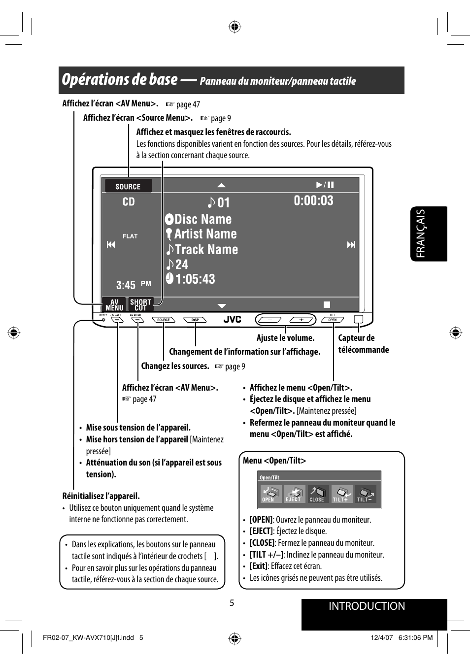 Opérations de base, Français introduction, Panneau du moniteur/panneau tactile | JVC KW-ADV790 User Manual | Page 141 / 207
