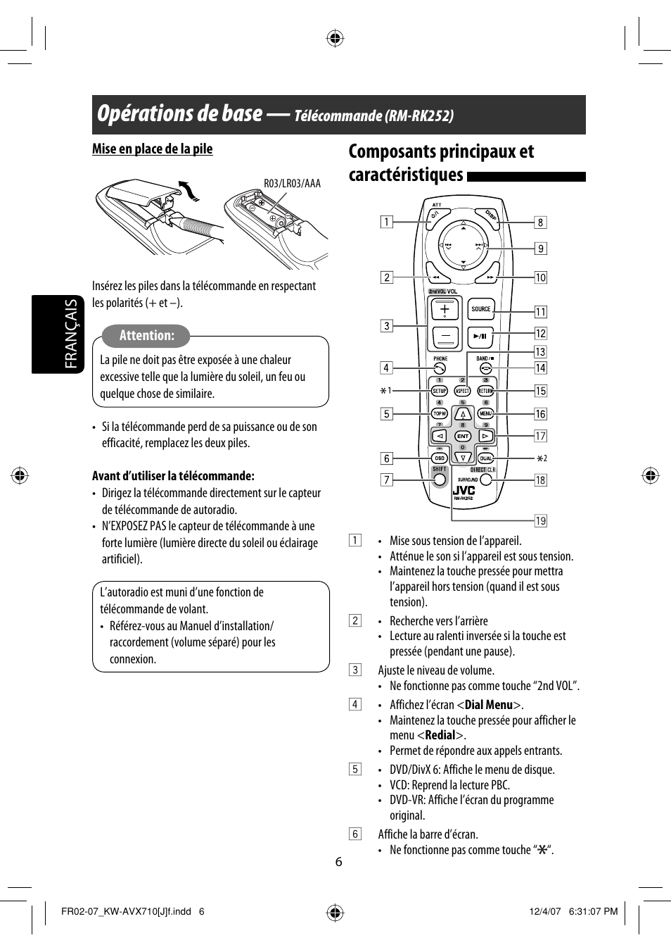 Opérations de base, Composants principaux et caractéristiques, Français | Télécommande (rm-rk252) | JVC KW-ADV790 User Manual | Page 142 / 207