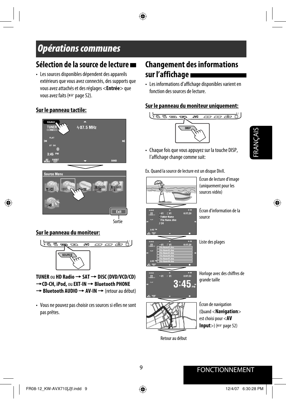 Opérations communes, Changement des informations sur l’affichage, Sélection de la source de lecture | Fonctionnement, Français | JVC KW-ADV790 User Manual | Page 145 / 207