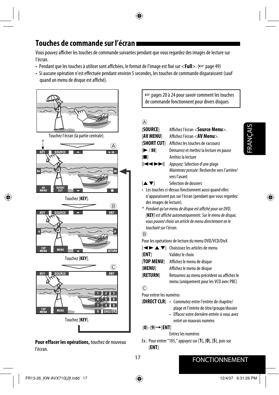 Touches de commande sur l’écran, Fonctionnement, Français | JVC KW-ADV790 User Manual | Page 153 / 207