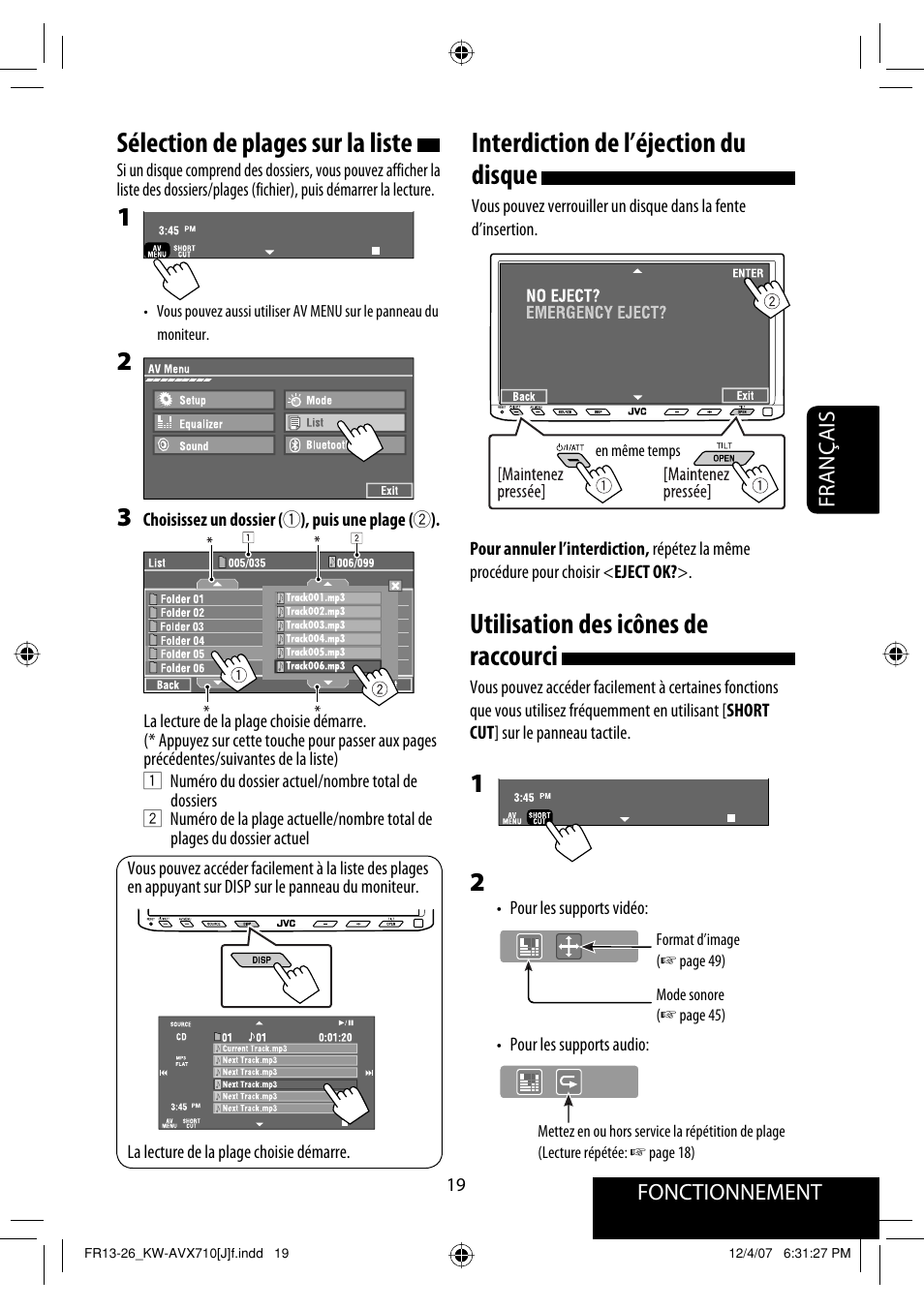 Interdiction de l’éjection du disque, Utilisation des icônes de raccourci, Sélection de plages sur la liste | JVC KW-ADV790 User Manual | Page 155 / 207