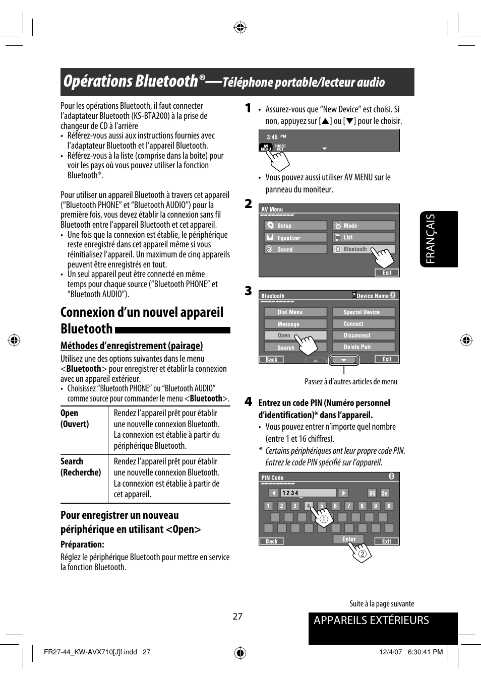 Opérations bluetooth, Connexion d’un nouvel appareil bluetooth, Téléphone portable/lecteur audio | JVC KW-ADV790 User Manual | Page 163 / 207