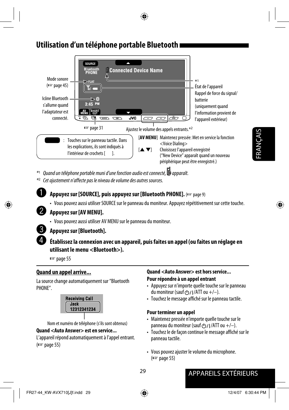 Utilisation d’un téléphone portable bluetooth, Appareils extérieurs français | JVC KW-ADV790 User Manual | Page 165 / 207