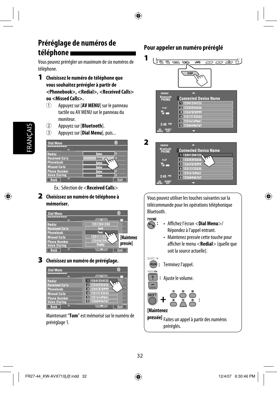 Préréglage de numéros de téléphone | JVC KW-ADV790 User Manual | Page 168 / 207