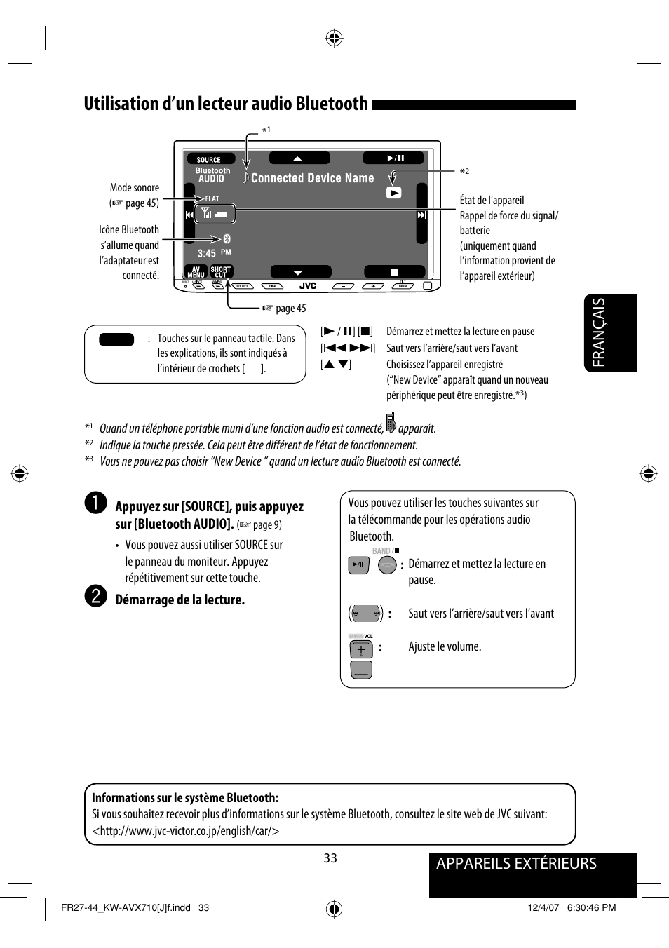 Utilisation d’un lecteur audio bluetooth, Appareils extérieurs français | JVC KW-ADV790 User Manual | Page 169 / 207