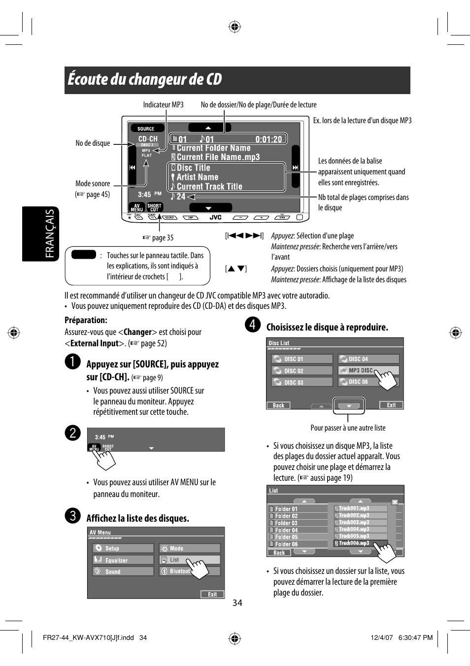 Écoute du changeur de cd, Français | JVC KW-ADV790 User Manual | Page 170 / 207