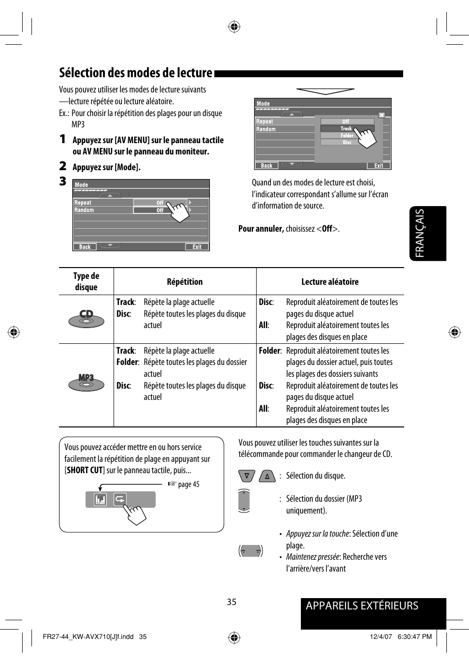 Sélection des modes de lecture, Appareils extérieurs français | JVC KW-ADV790 User Manual | Page 171 / 207