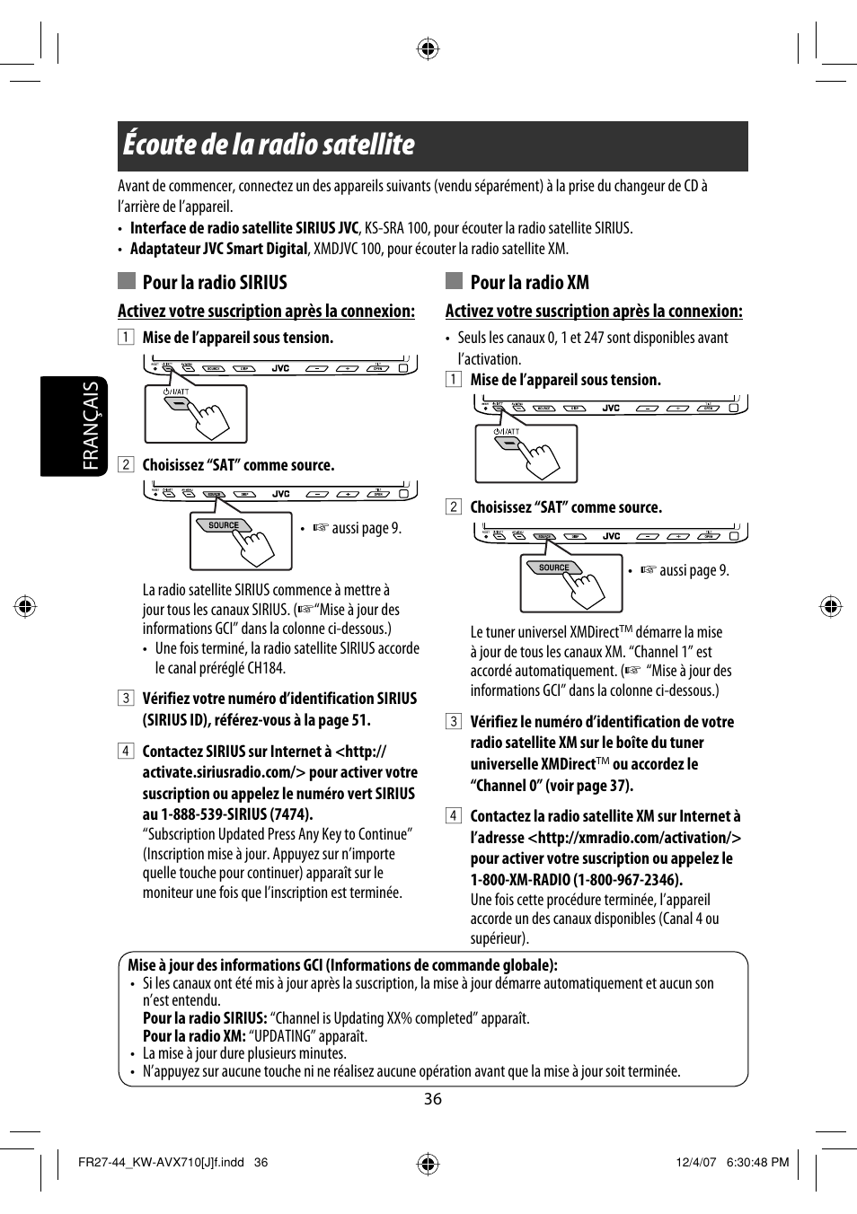 Écoute de la radio satellite, Français pour la radio sirius, Pour la radio xm | JVC KW-ADV790 User Manual | Page 172 / 207