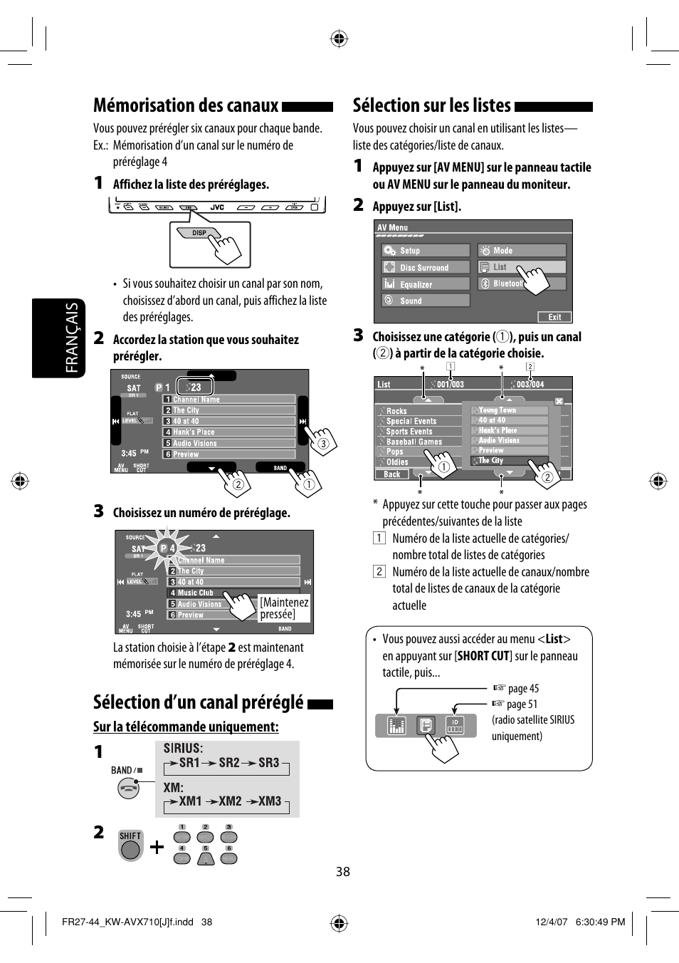 Mémorisation des canaux, Sélection d’un canal préréglé, Sélection sur les listes | JVC KW-ADV790 User Manual | Page 174 / 207