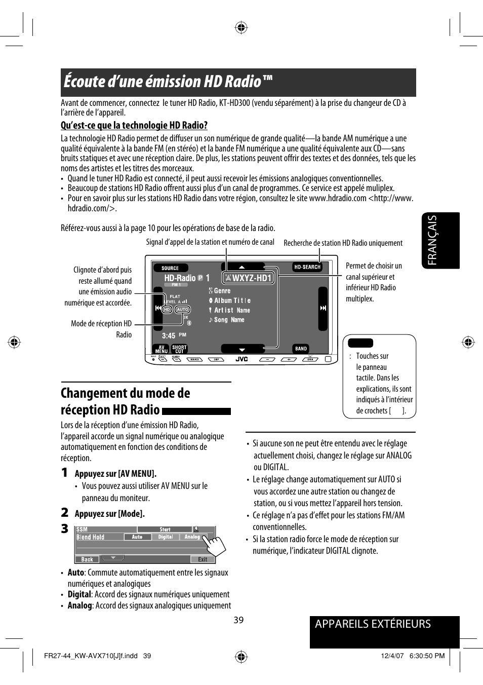 Écoute d’une émission hd radio, Changement du mode de réception hd radio, Appareils extérieurs français | JVC KW-ADV790 User Manual | Page 175 / 207