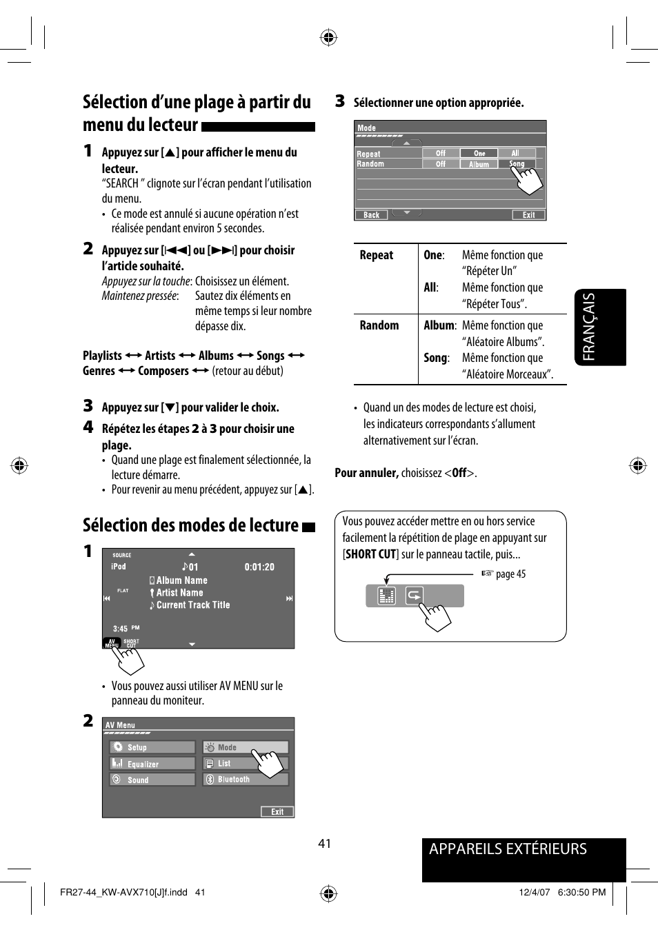 Sélection d’une plage à partir du menu du lecteur, Sélection des modes de lecture | JVC KW-ADV790 User Manual | Page 177 / 207