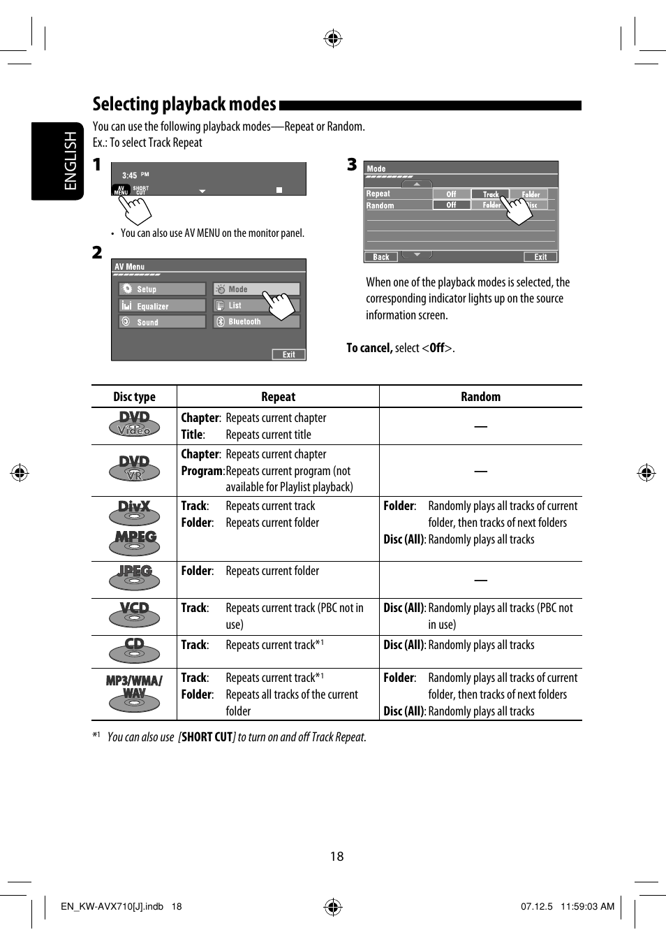 Selecting playback modes, English | JVC KW-ADV790 User Manual | Page 18 / 207