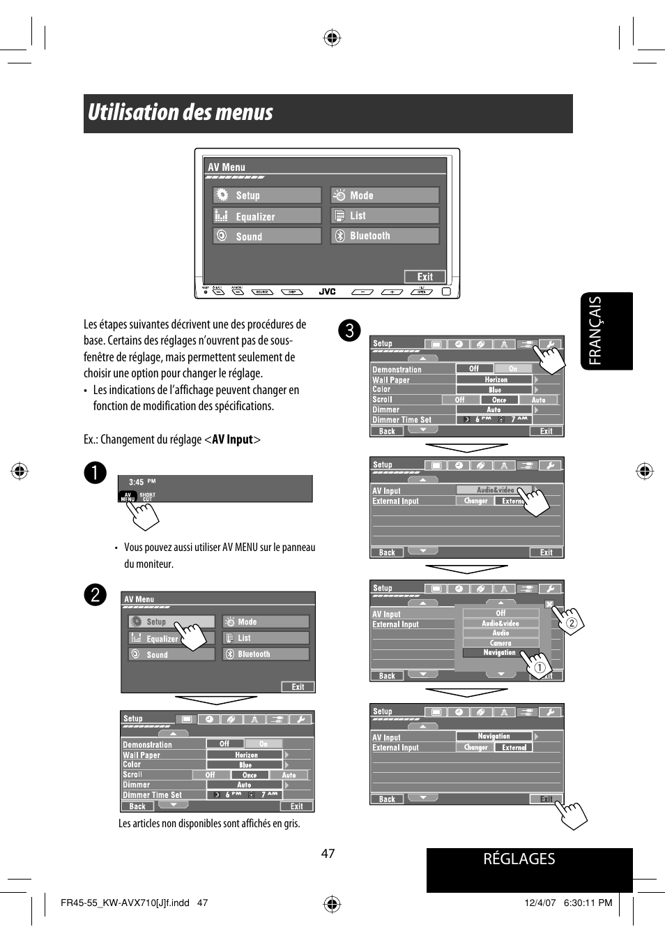 Utilisation des menus | JVC KW-ADV790 User Manual | Page 183 / 207