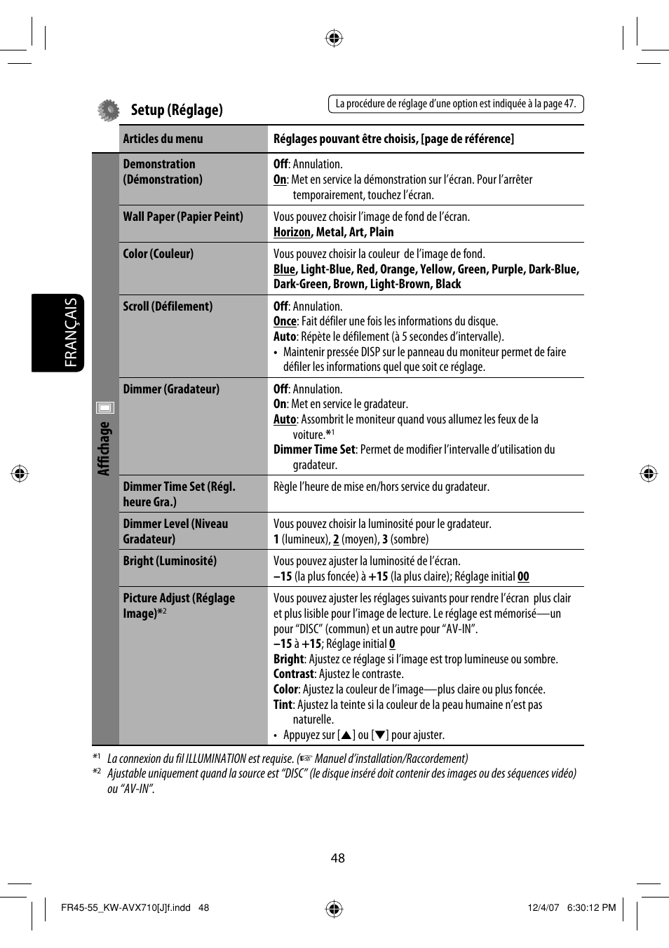 Français setup (réglage), Affichage | JVC KW-ADV790 User Manual | Page 184 / 207