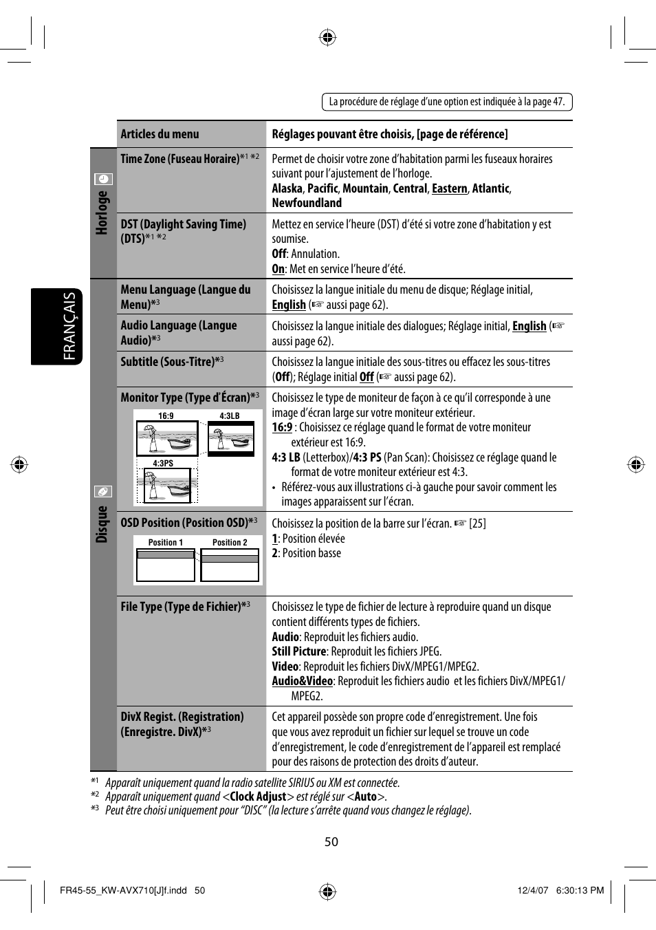 Français, Horloge, Disque | JVC KW-ADV790 User Manual | Page 186 / 207