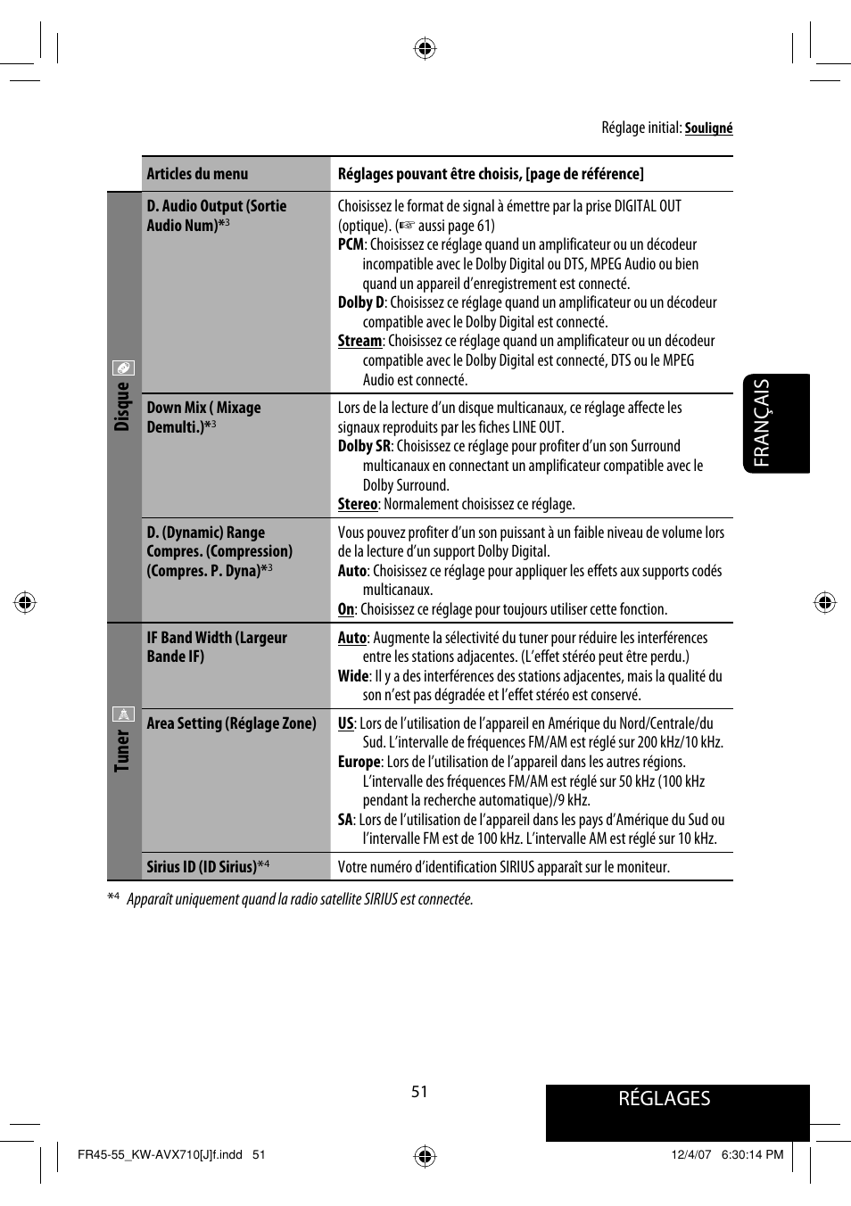 Réglages, Français, Disque | Tuner | JVC KW-ADV790 User Manual | Page 187 / 207