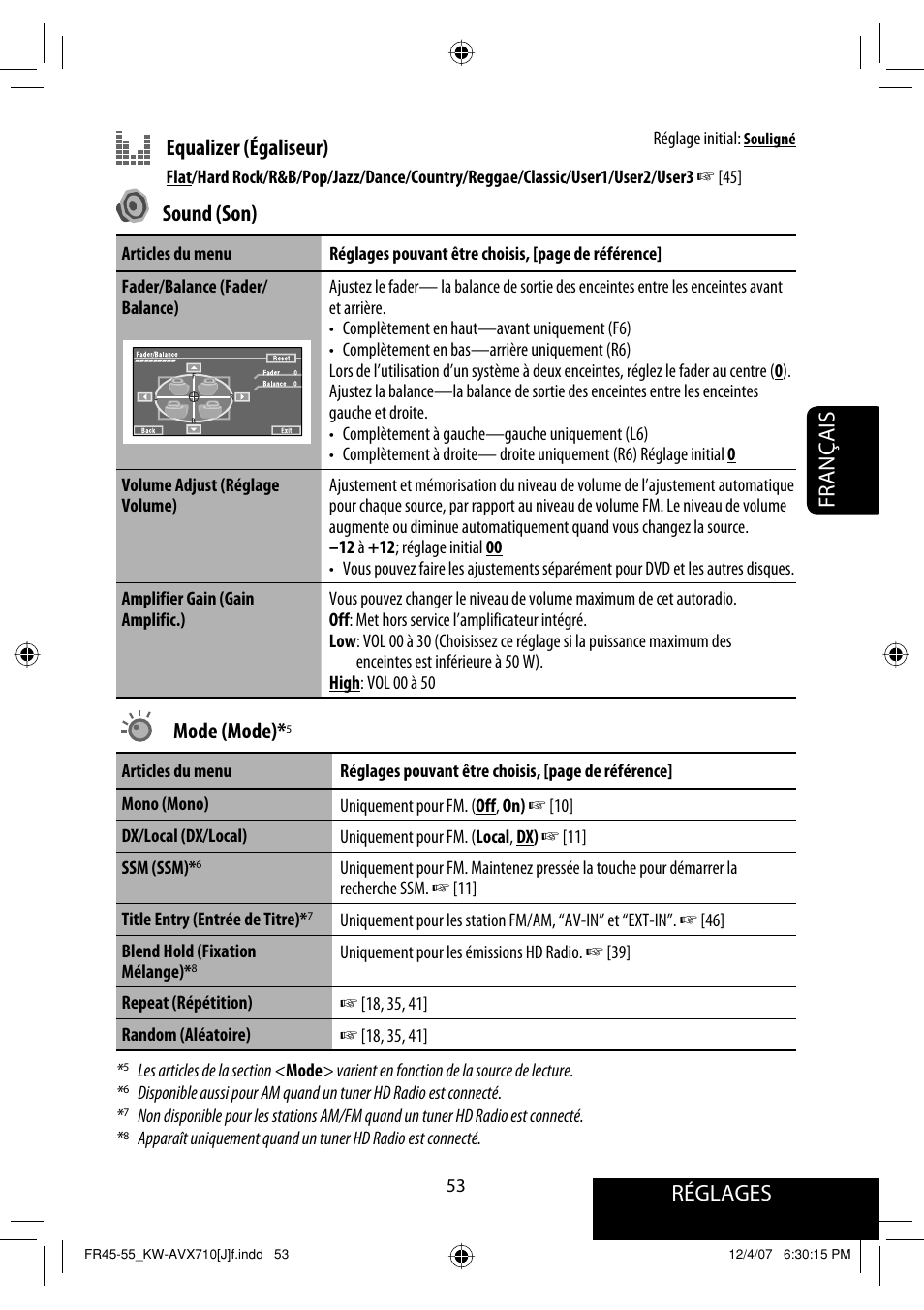 Réglages, Français equalizer (égaliseur), Sound (son) | Mode (mode) | JVC KW-ADV790 User Manual | Page 189 / 207