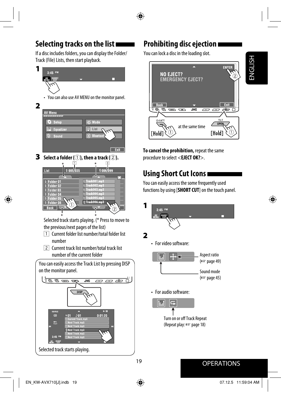 Prohibiting disc ejection, Using short cut icons, Selecting tracks on the list | JVC KW-ADV790 User Manual | Page 19 / 207