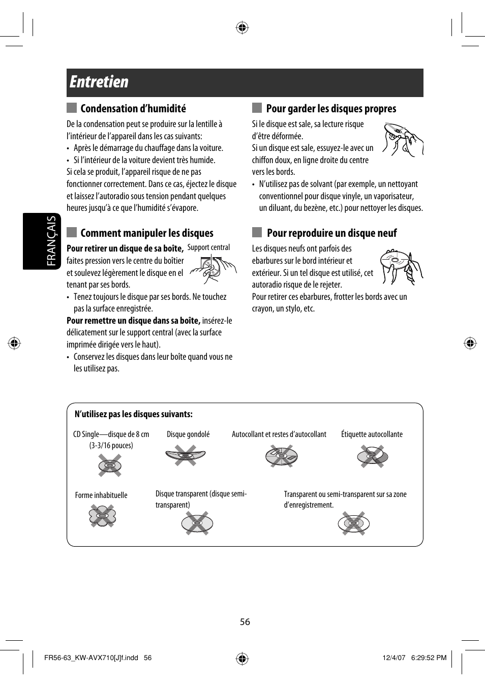 Entretien, Français, Condensation d’humidité | Comment manipuler les disques, Pour garder les disques propres, Pour reproduire un disque neuf | JVC KW-ADV790 User Manual | Page 192 / 207