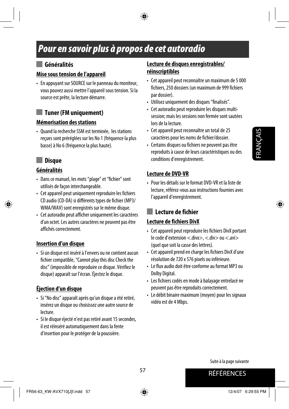 Pour en savoir plus à propos de cet autoradio, Références français, Généralités | Tuner (fm uniquement), Disque, Lecture de fichier | JVC KW-ADV790 User Manual | Page 193 / 207