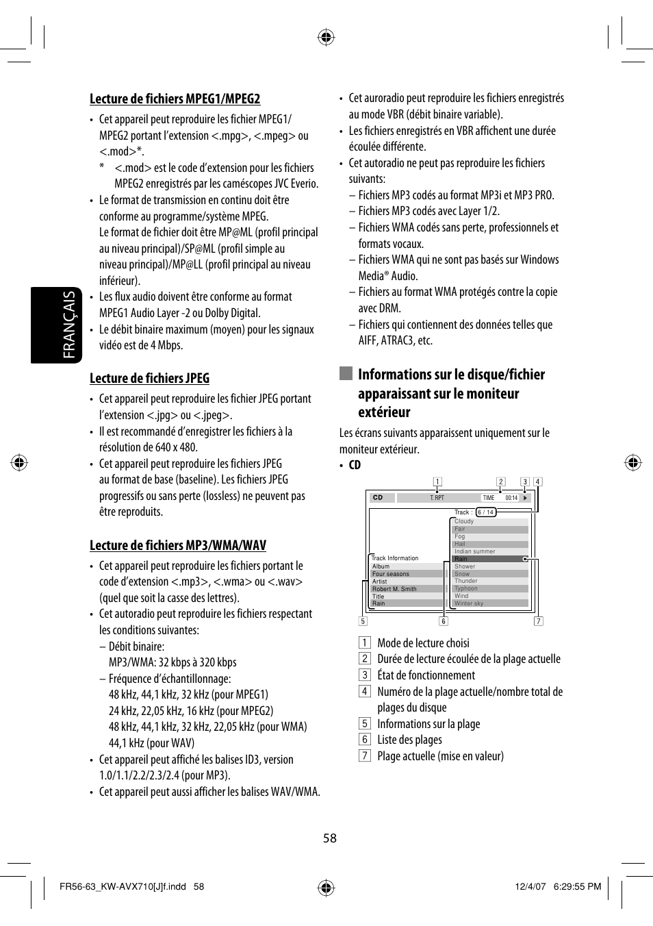 Français, Lecture de fichiers mpeg1/mpeg2, Lecture de fichiers jpeg | Lecture de fichiers mp3/wma/wav | JVC KW-ADV790 User Manual | Page 194 / 207
