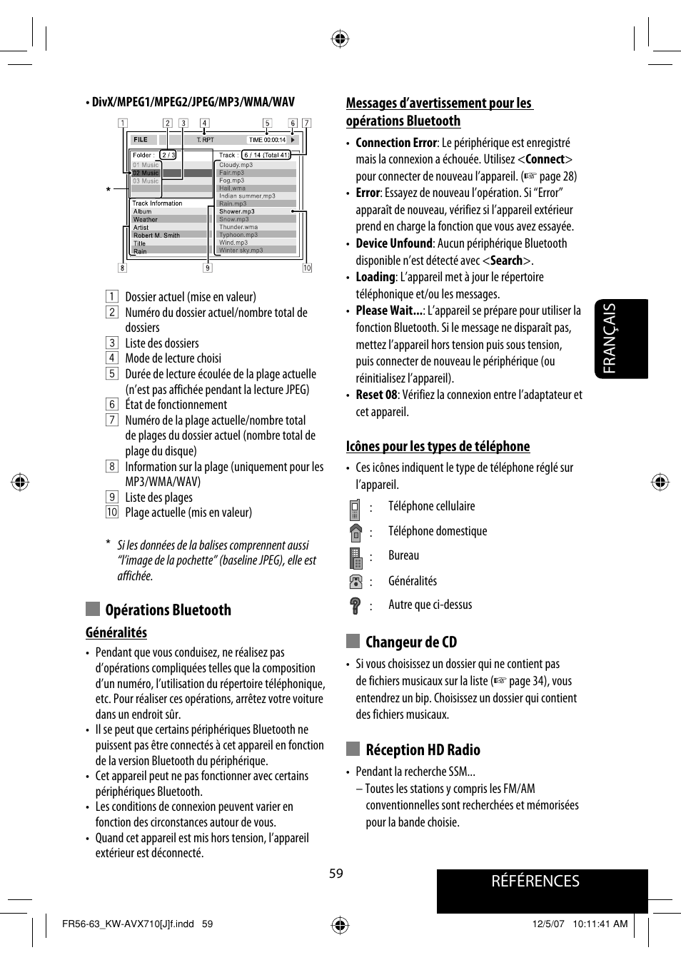 Références français, Changeur de cd, Réception hd radio | Opérations bluetooth | JVC KW-ADV790 User Manual | Page 195 / 207