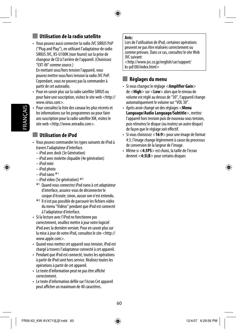 Français, Utilisation de la radio satellite, Utilisation de ipod | Réglages du menu | JVC KW-ADV790 User Manual | Page 196 / 207