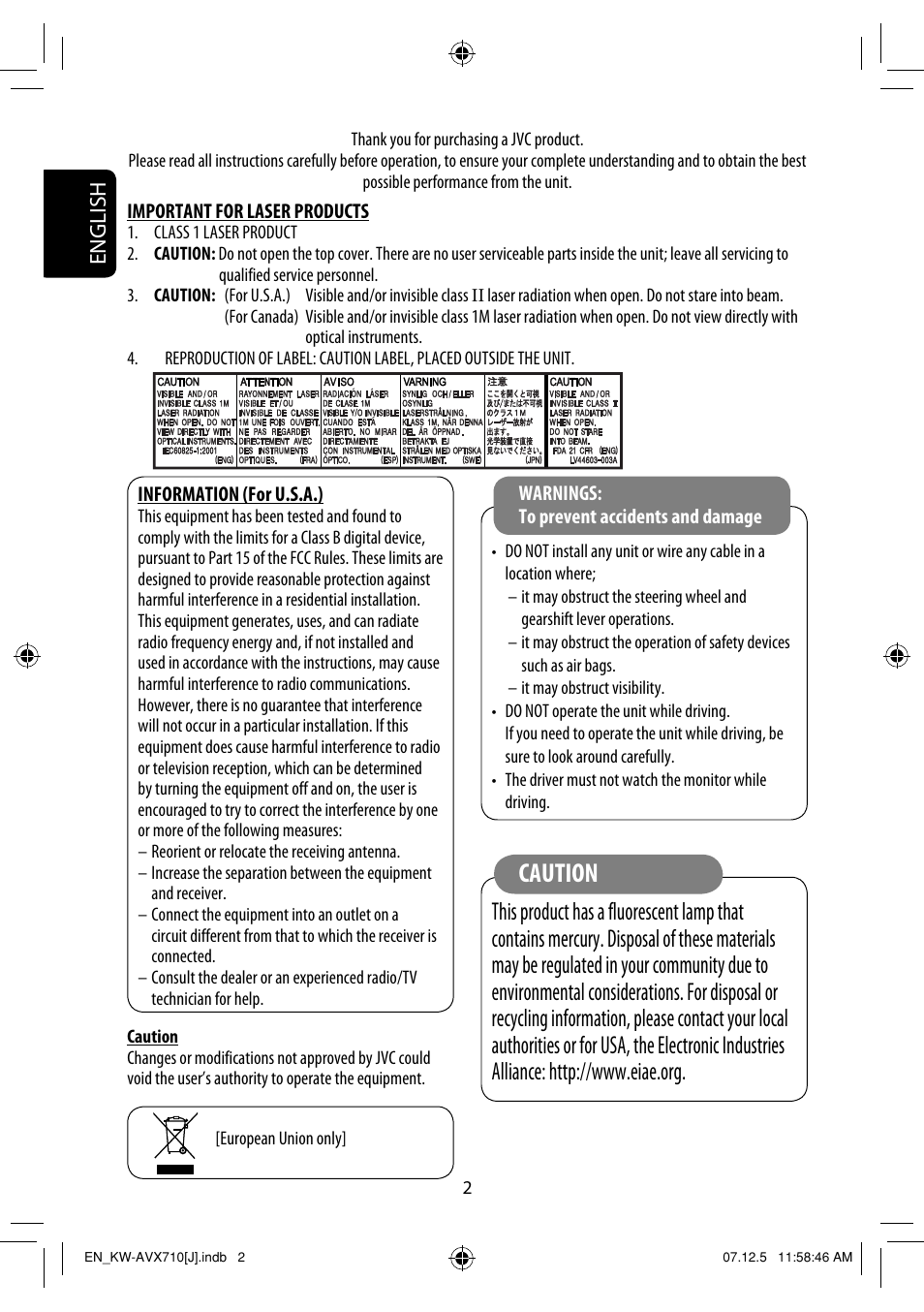Caution, English | JVC KW-ADV790 User Manual | Page 2 / 207