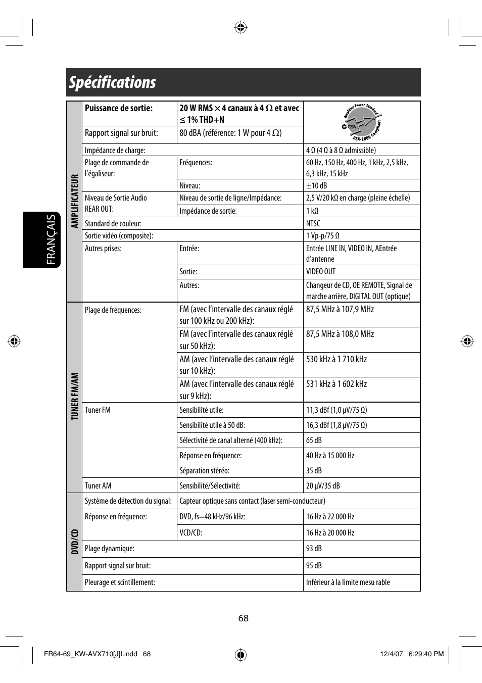 Spécifications, Français | JVC KW-ADV790 User Manual | Page 204 / 207