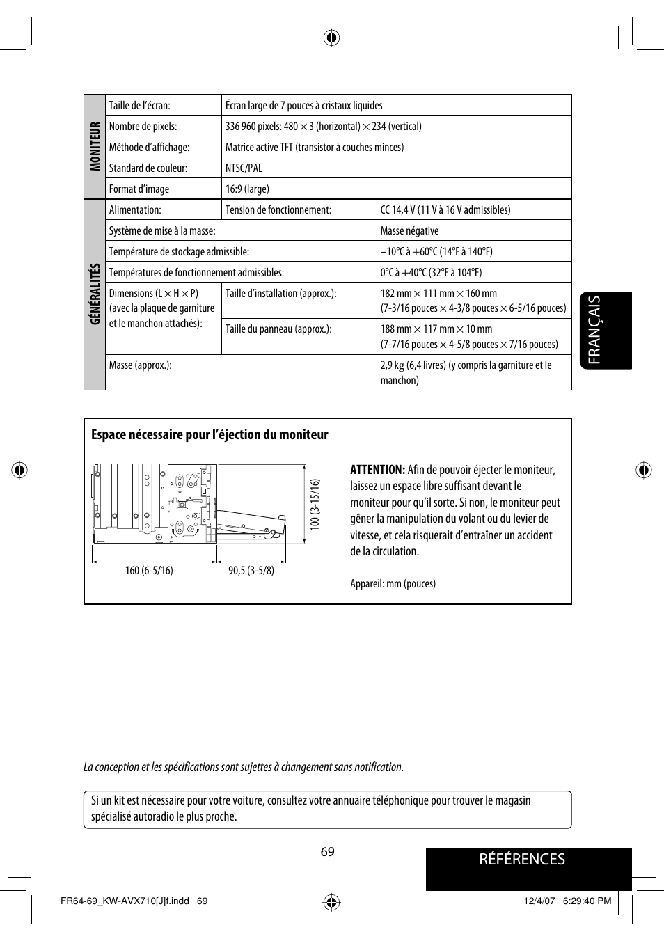 Références français, Espace nécessaire pour l’éjection du moniteur | JVC KW-ADV790 User Manual | Page 205 / 207