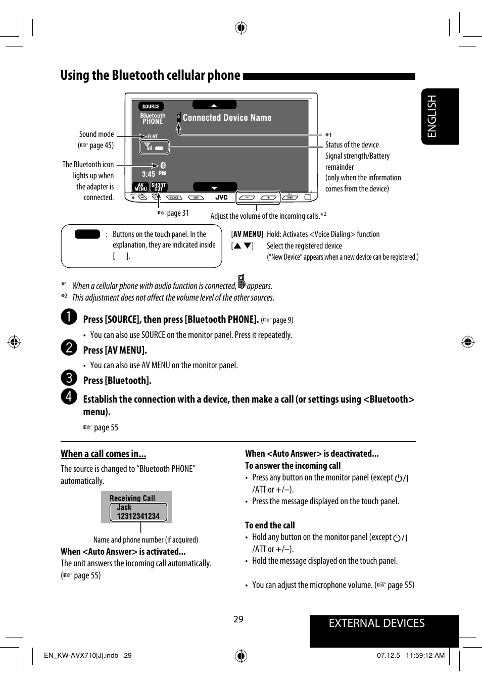 Using the bluetooth cellular phone, External devices english | JVC KW-ADV790 User Manual | Page 29 / 207