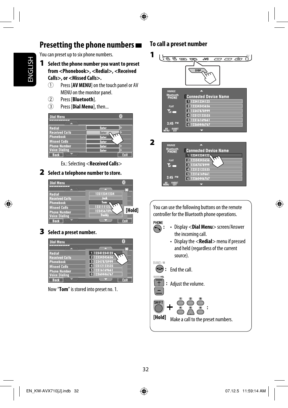 Presetting the phone numbers | JVC KW-ADV790 User Manual | Page 32 / 207