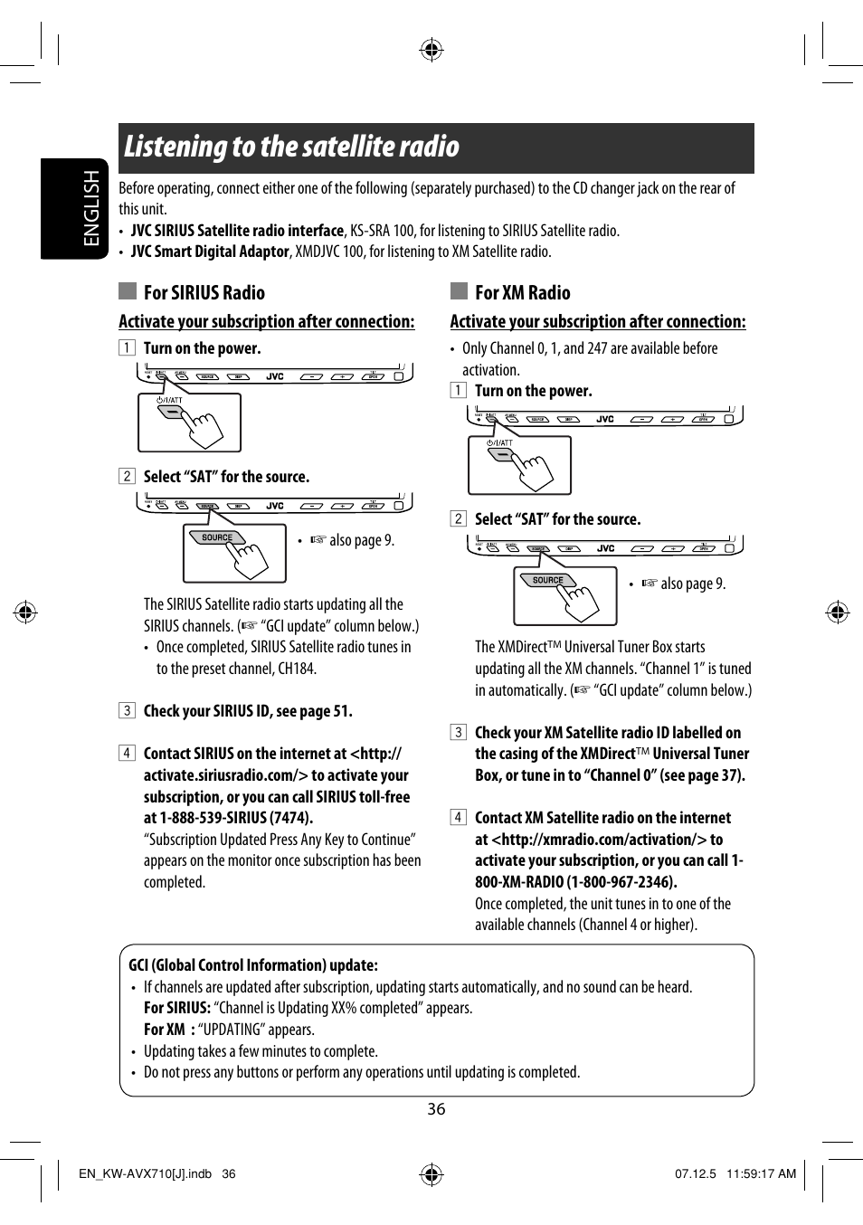 Listening to the satellite radio, English for sirius radio, For xm radio | JVC KW-ADV790 User Manual | Page 36 / 207