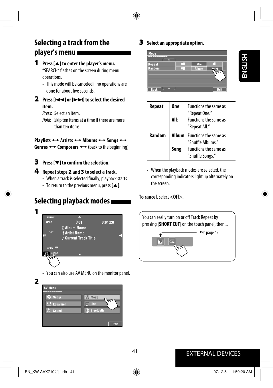 Selecting a track from the player’s menu, Selecting playback modes | JVC KW-ADV790 User Manual | Page 41 / 207
