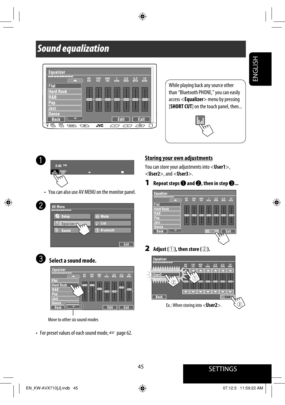 Settings, Sound equalization | JVC KW-ADV790 User Manual | Page 45 / 207