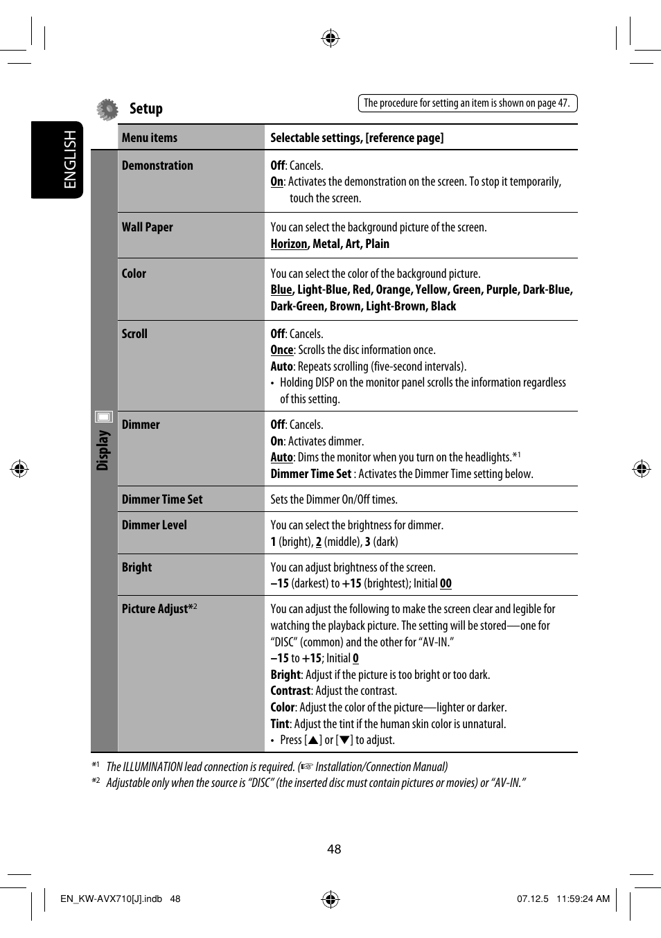 English setup, Display | JVC KW-ADV790 User Manual | Page 48 / 207