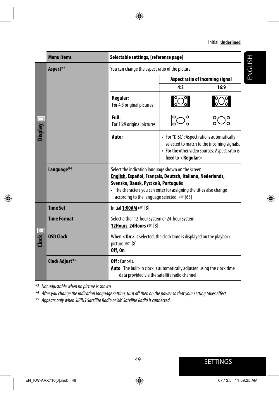 Settings, English, Display | Clock | JVC KW-ADV790 User Manual | Page 49 / 207